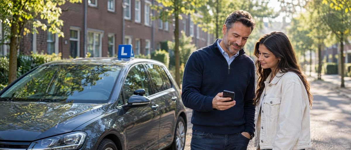 Een rijinstructeur laat een leerling naast de lesauto iets zien op zijn telefoon