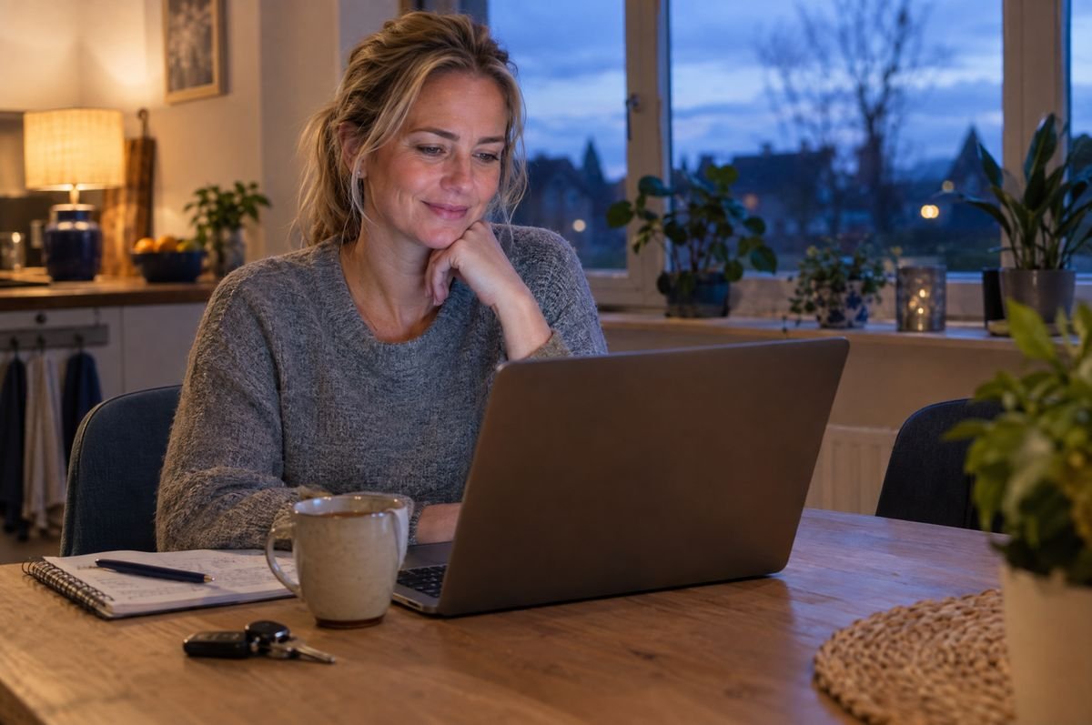 Een rijinstructeur werkt in de avond aan de keukentafel op haar laptop