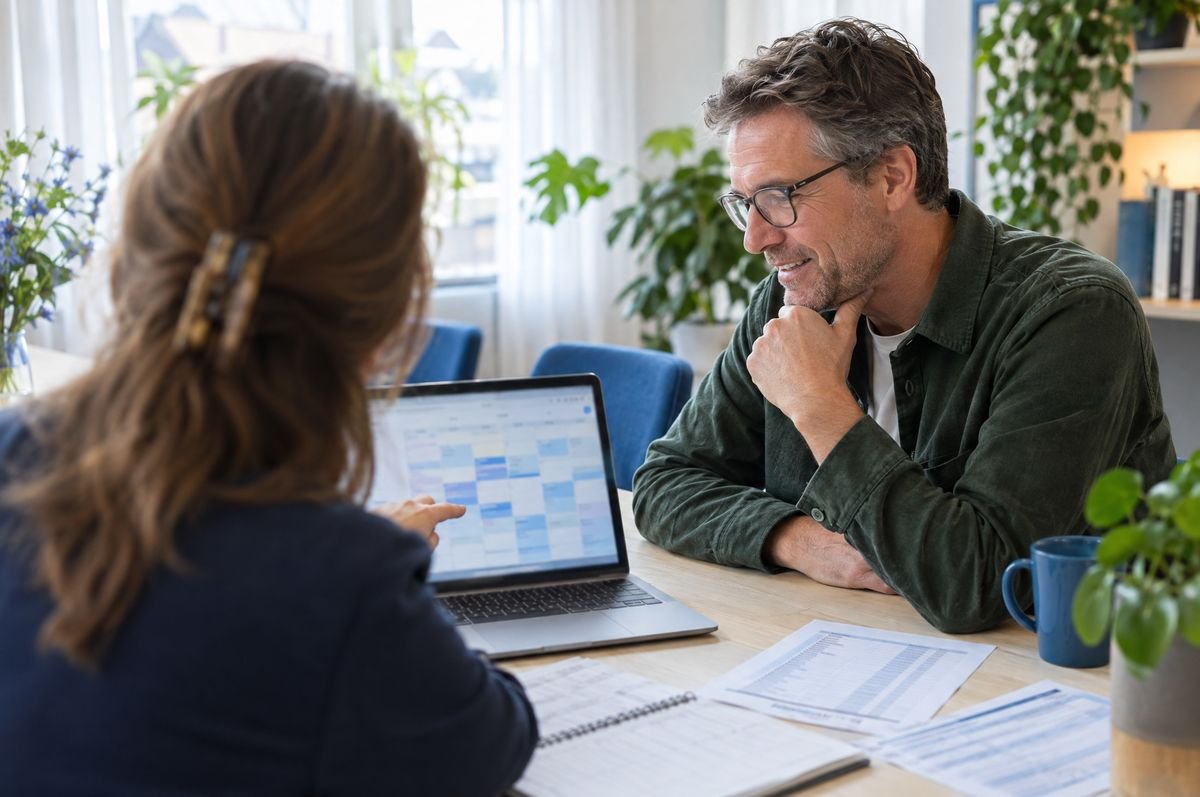 Een rijschoolhouder bekijkt samen met een collega de planning op een laptop