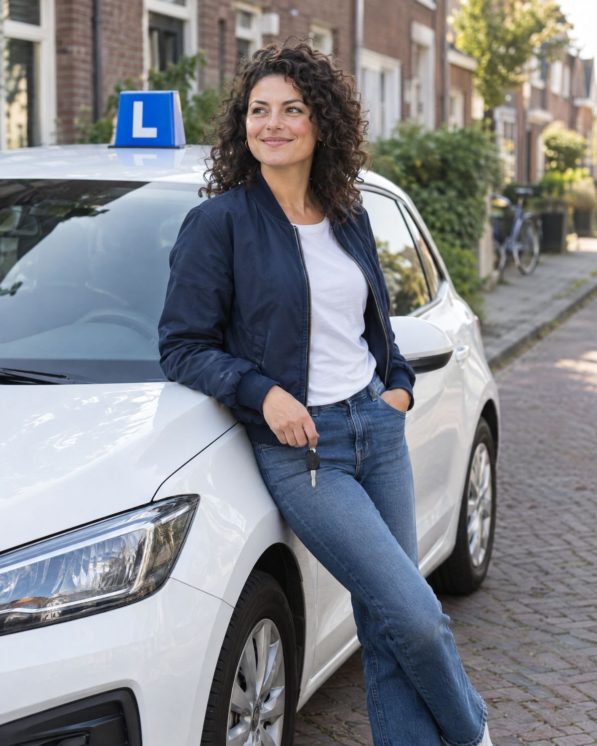Een startende rijinstructeur leunt met de autosleutel in haar hand tegen haar lesauto