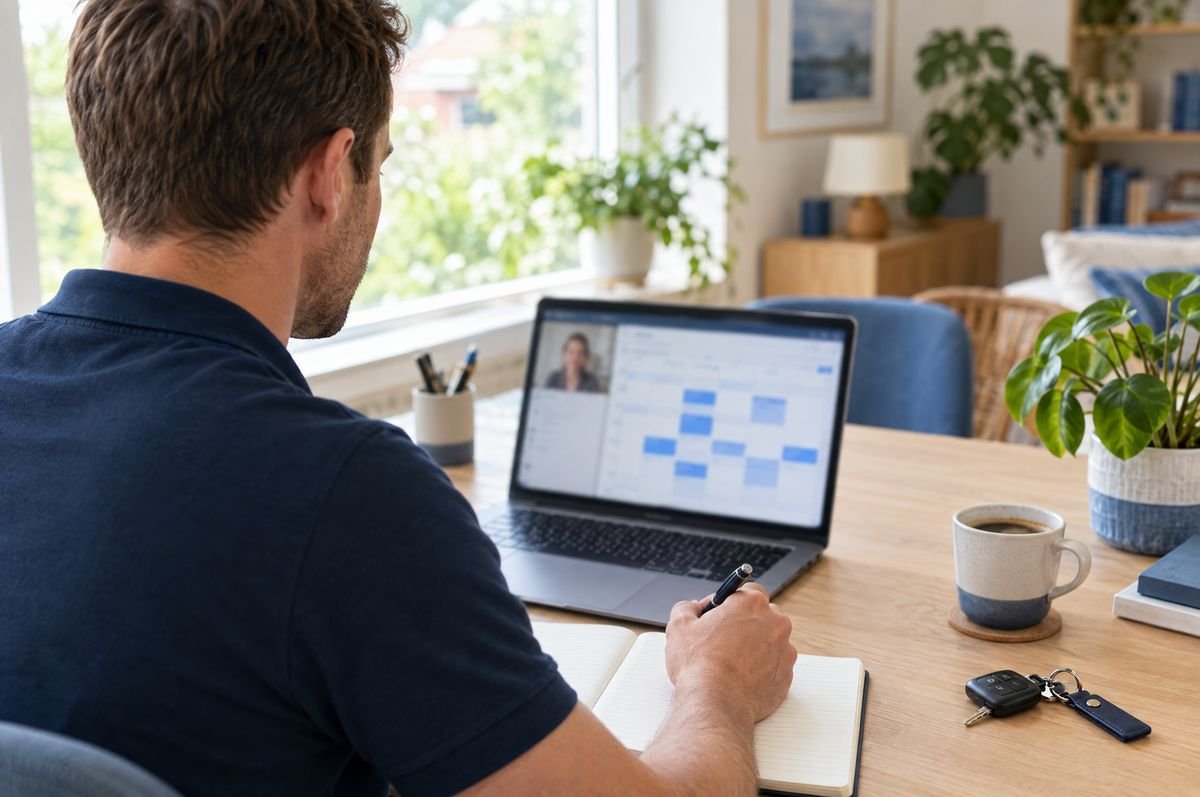 Een rijinstructeur volgt thuis aan zijn bureau een demo via een videogesprek
