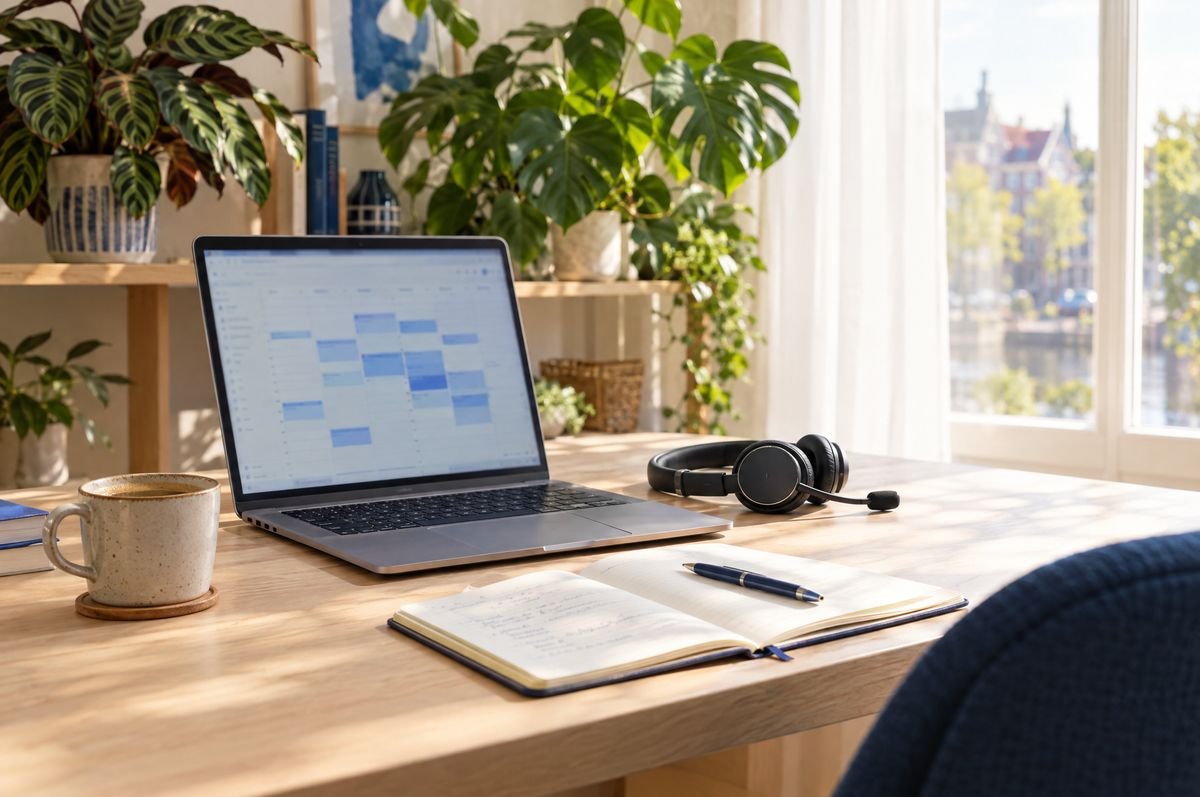 Een werkplek met een laptop met planning, een headset, een notitieboek en planten