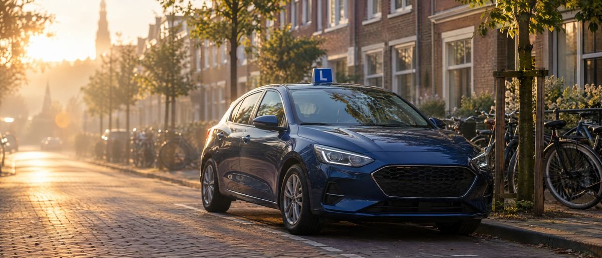 Een lesauto met L-bord in een Nederlandse straat in het ochtendlicht