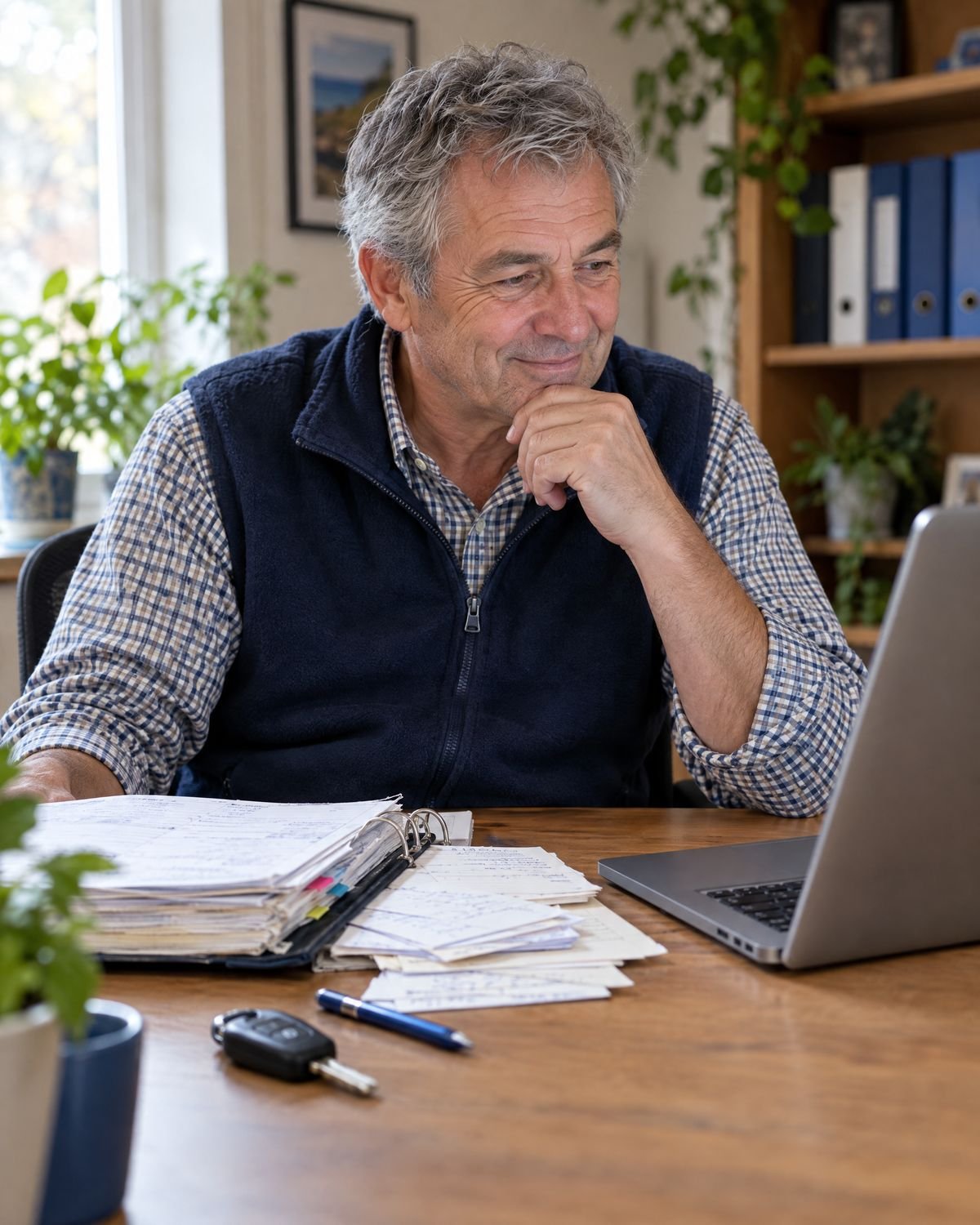 Een rijschoolhouder met een dikke papieren agenda kijkt geïnteresseerd naar een laptop